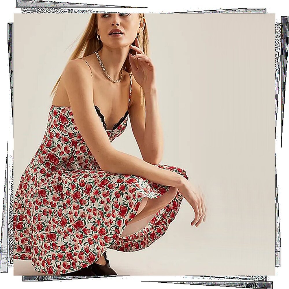 NWT: Red & White Floral Sweetheart Neckline w Lace Trim Dress (S) by Maeve - Picture 7 of 9